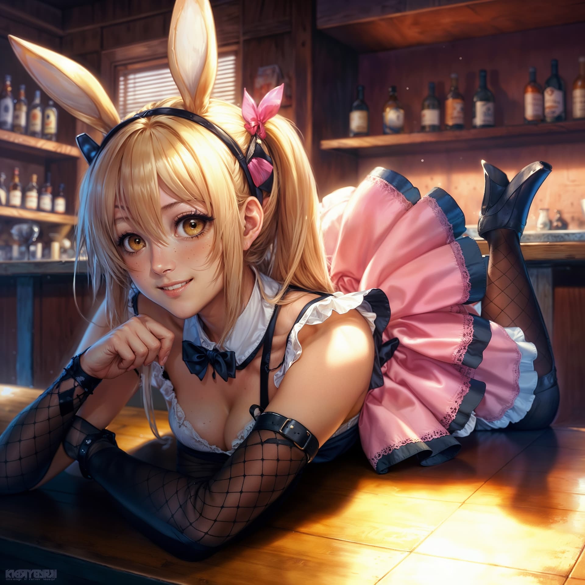 AI generated: best quality, masterpiece, source_anime, BREAK in bar, , solo , 1lady,mikokurokawa, blonde hair, twi...