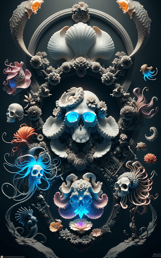 AI generated: Close-up portrait of God. phoenix head cuttlefish, nautilus, stone flower, skull, betta fish, biolum...