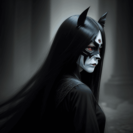 AI generated: sadness wearing the mask of anger, dark, a woman with long hairs facing away, 