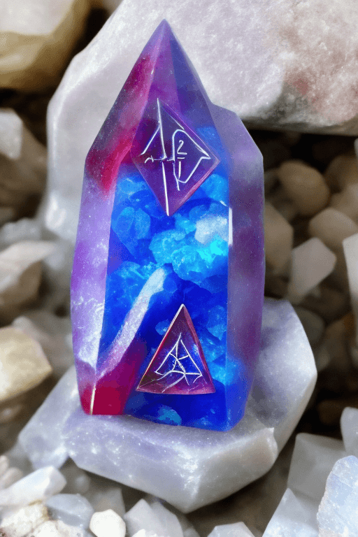 AI generated: A little blue crystal, a little red crystal, an little purple crystal grow from a great marble stone...