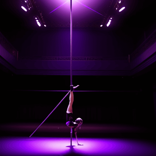 AI generated: 
this is a dance hall with purple lighting, this hall has a floor-to-ceiling metal pole on which acr...