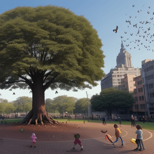 AI generated: a a big old tree in the form of the peace symbol surrounded by kids playing and pigeons roaming on t...