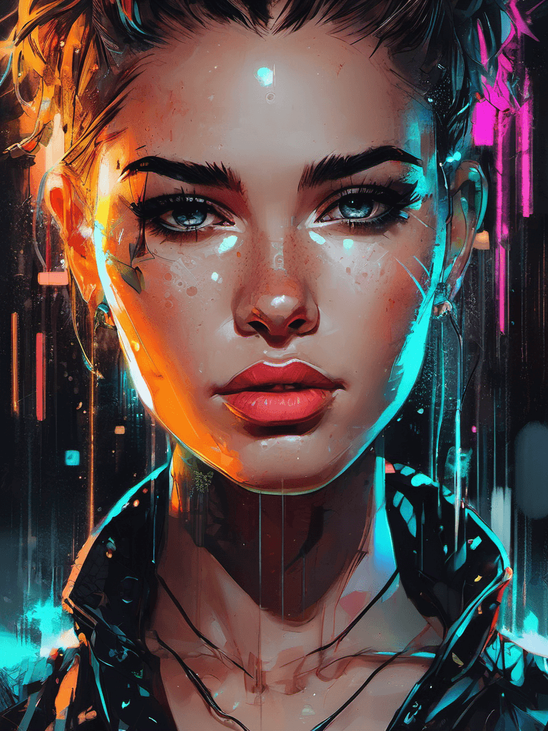 AI generated: portrait of a girl, glowing tattoos, hologram, freckles, blush, cyberpunk art style, cyberpunk surro...