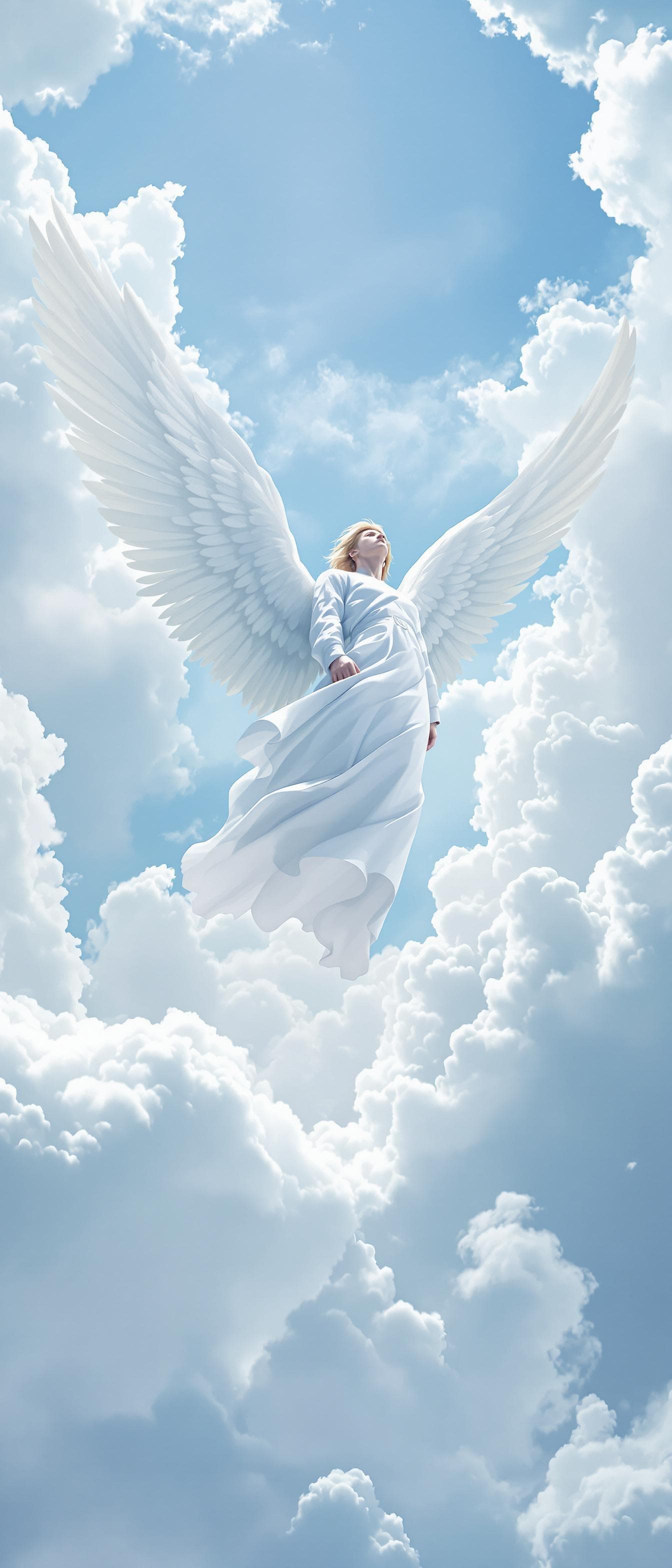 AI generated: heaven, brilliant white clouds against a light blue sky with  a single powerful male large angel , w...