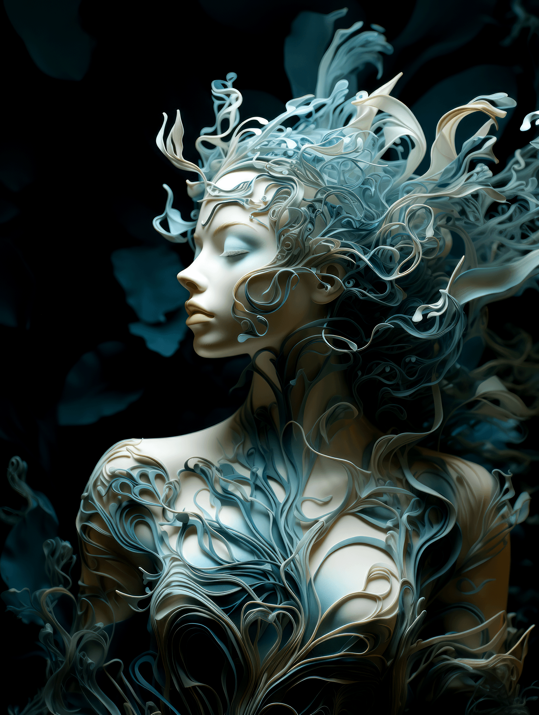AI generated: human by juliane schreiner, in the style of intricate underwater worlds, flowing fabrics, dark turqu...