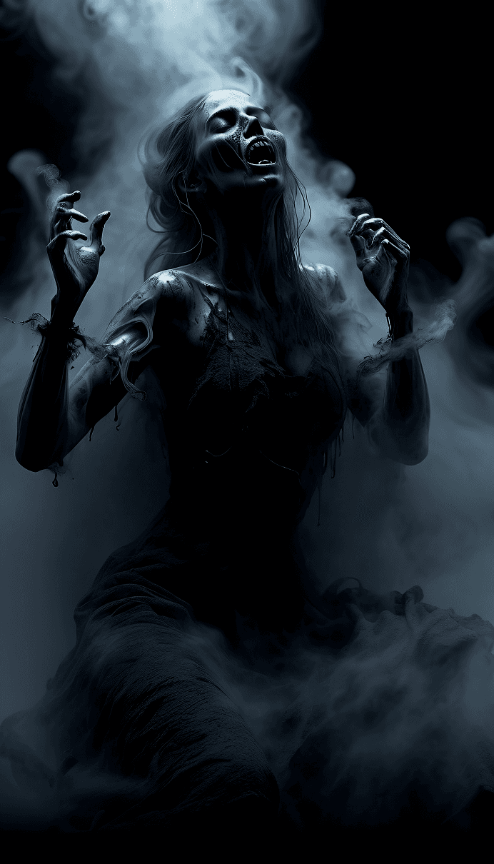 AI generated: 3d render smoke swirling horror female demon Ghost dripping plasma, disintegrating, ghost in swirlin...