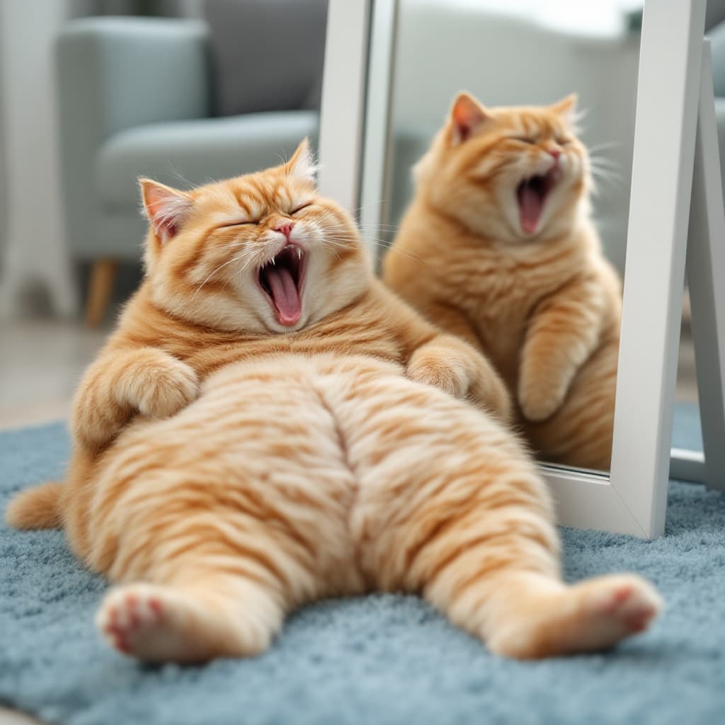 AI generated: An anthropomorphic chubby short-haired orange cat sits on a soft blue carpet and leans against a whi...