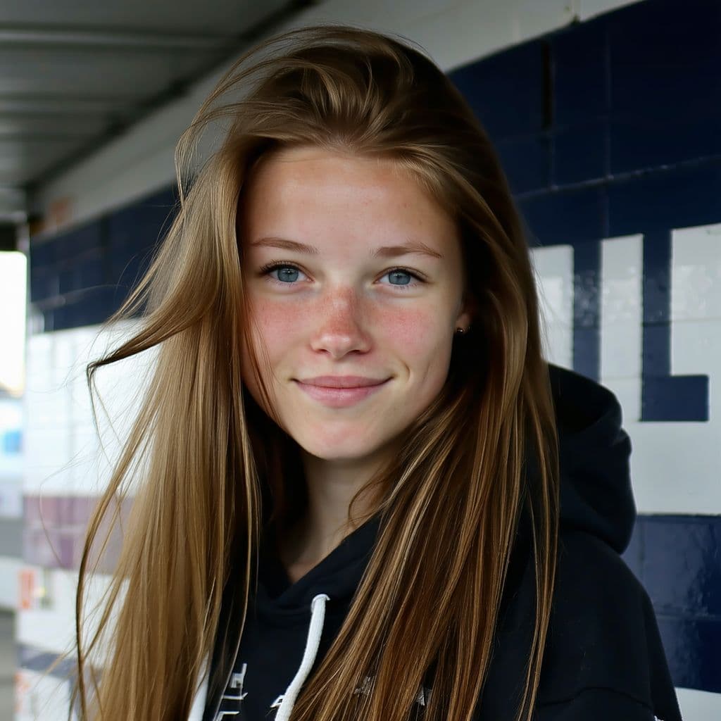 AI generated: A hot college girl from norway. She is below average looking