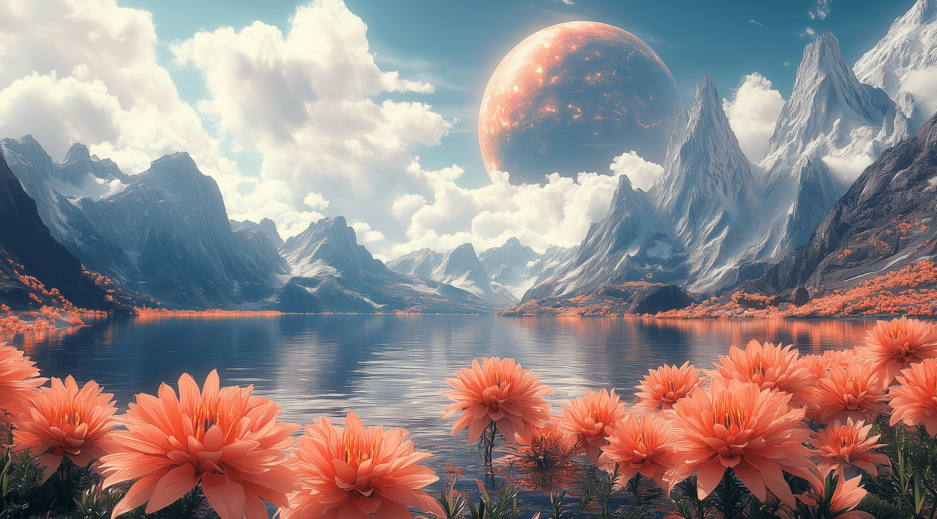 AI generated: Concept art of an alien planet with strange giant flowers and a large dome structure, in the style o...