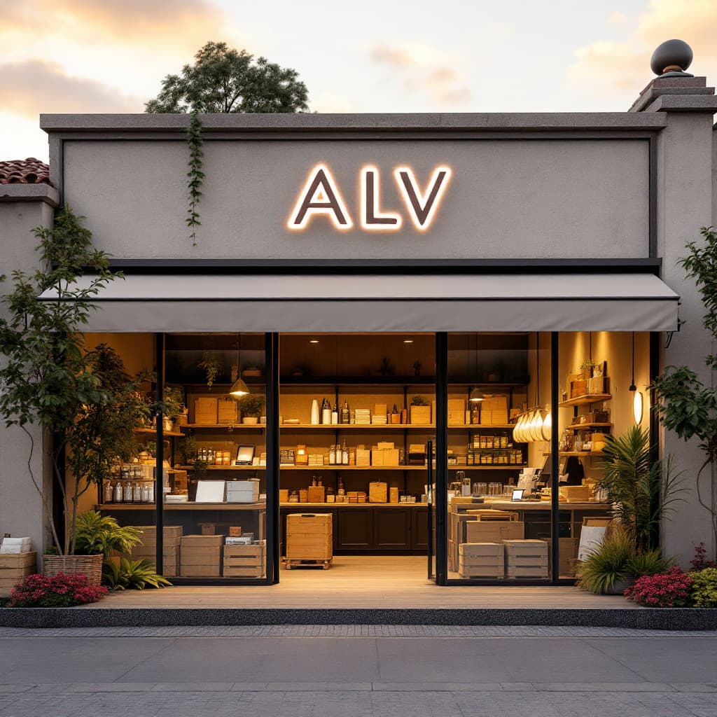 AI generated: De frente está una bodega, un almacén lleno de cajas con mercancía, ahí camiones retirándose y cajas...