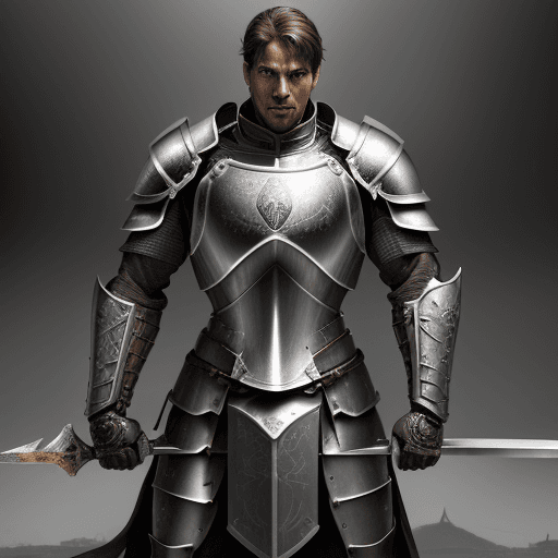 AI generated: Male Human Fighter, Warden of Steel. Presented in a commanding pose on sprawling battlefields. Front...