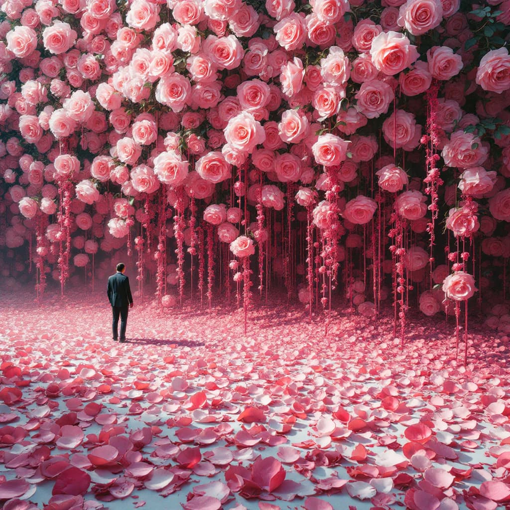 AI generated: A rose shines in front of an immense rose bush that creates a surreal wall of more roses, which bran...