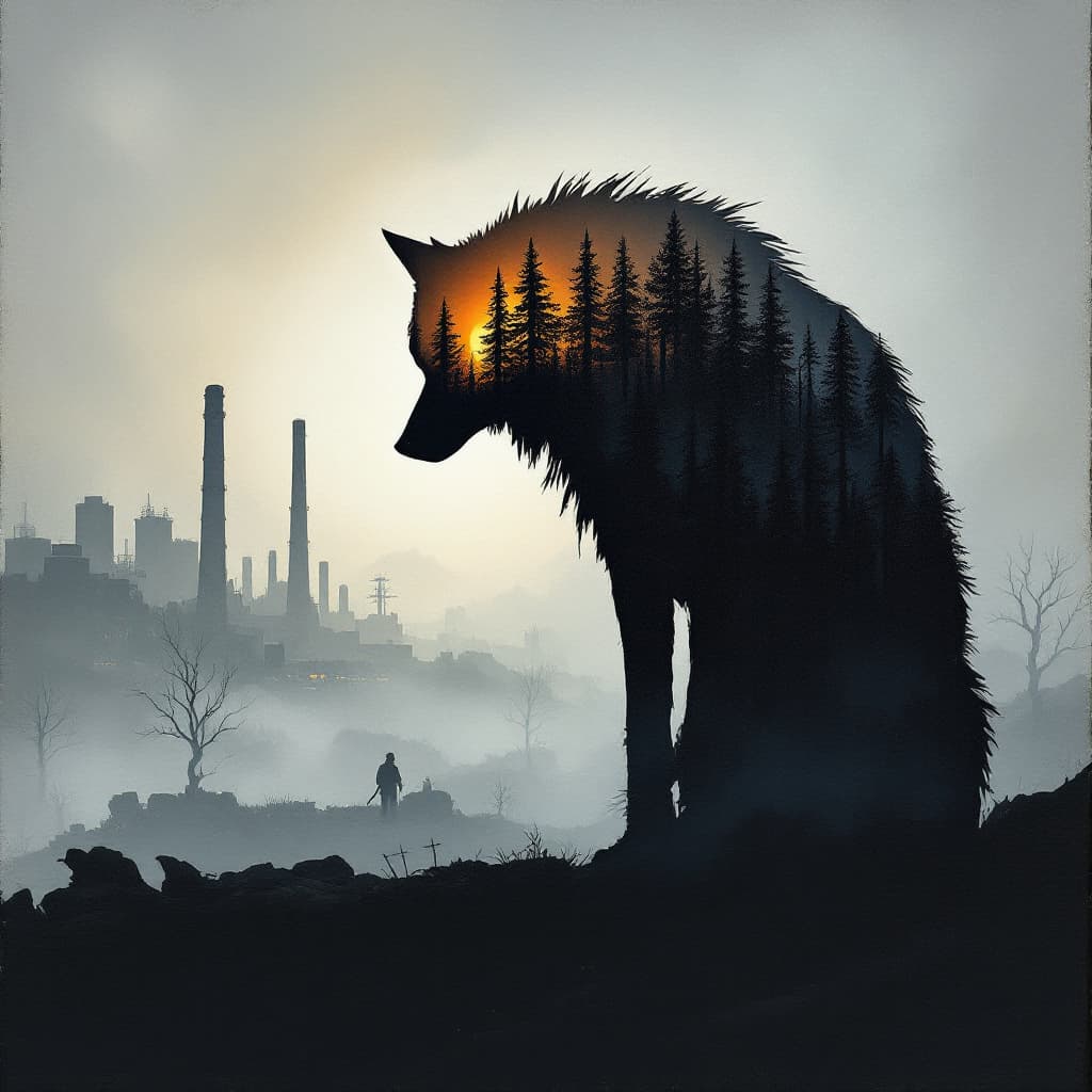 AI generated: oil painting, cardboard like silhouette of a sad wolf, head down, low tail, inside wolf silhouette, ...