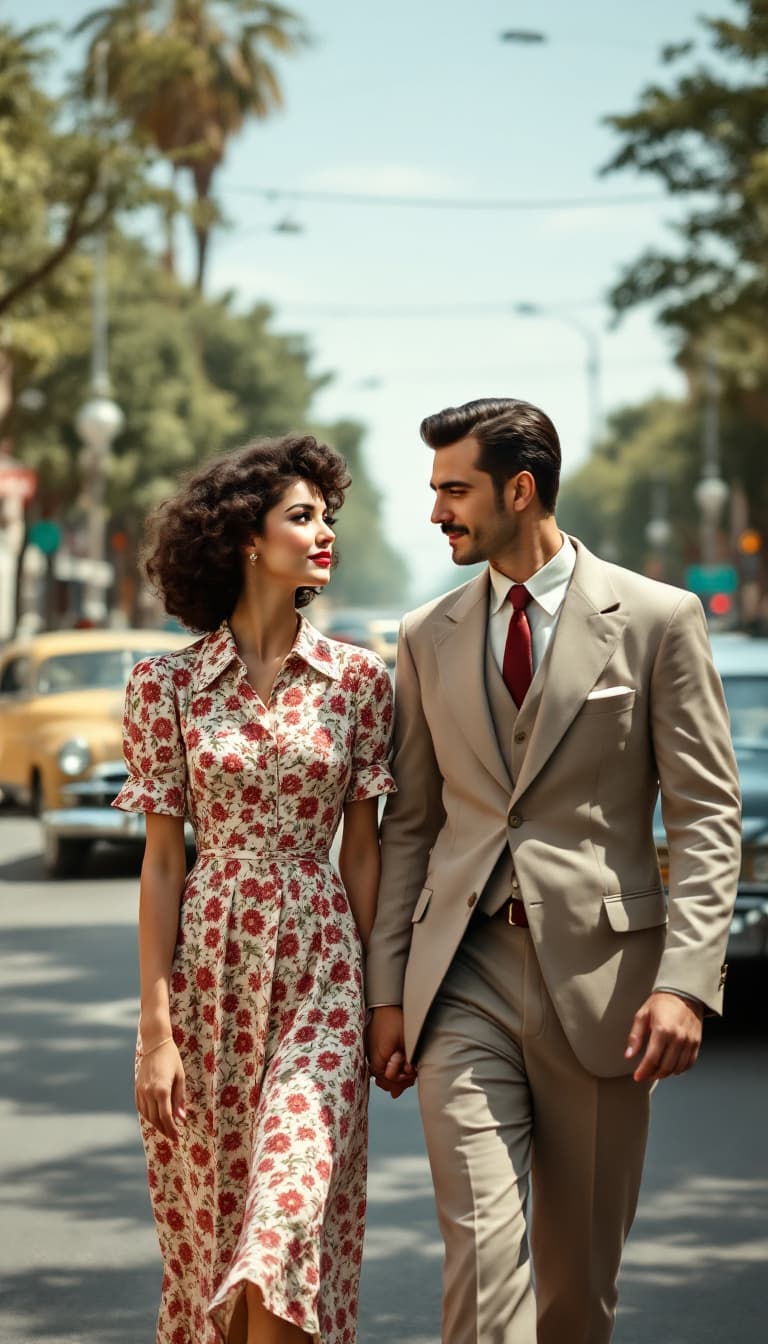 AI generated: 
"A young couple from the 1950s walking along Vali Asr Street in Tehran, with clear, detailed faces....