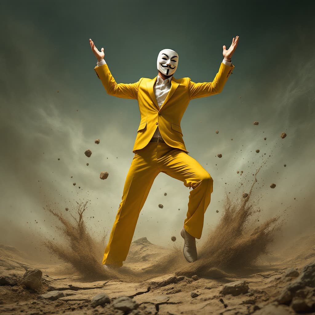 AI generated: A heroic figure wearing a bright yellow suit, with a white mask resembling the one from 'V for Vende...
