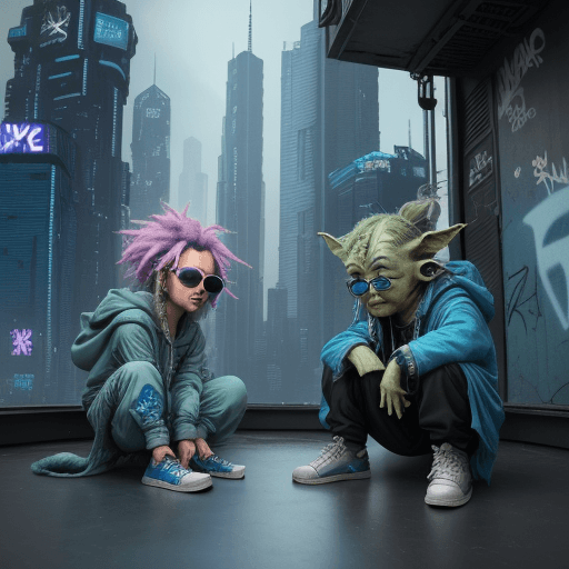 AI generated: criature similar to yoda but blue is dj and Cheewaka with blong hair is breakdancer both with sungla...