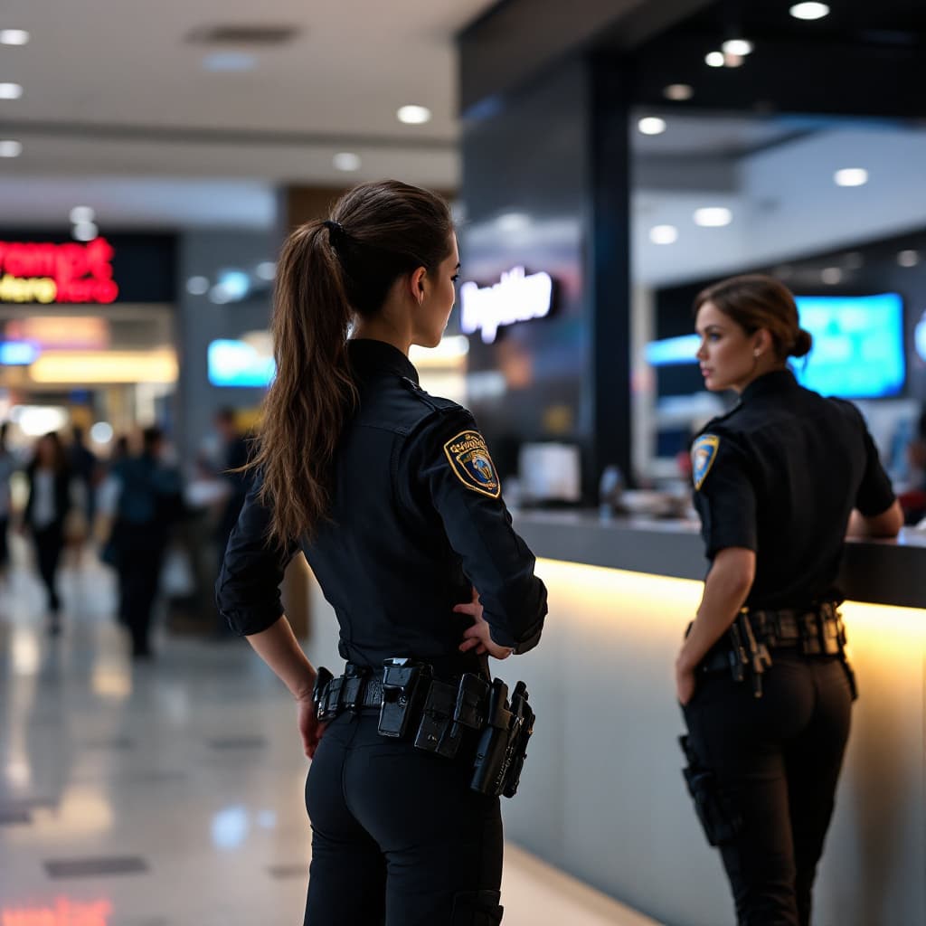 AI generated:  photo of two female police officers standing in front of the entrance to an American shopping mall,...