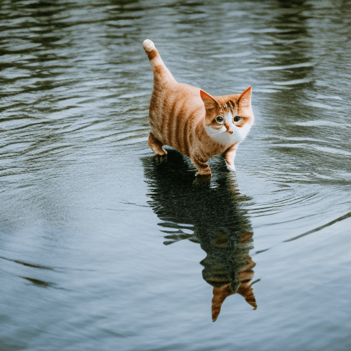 AI generated: cat walking on water watching reflection