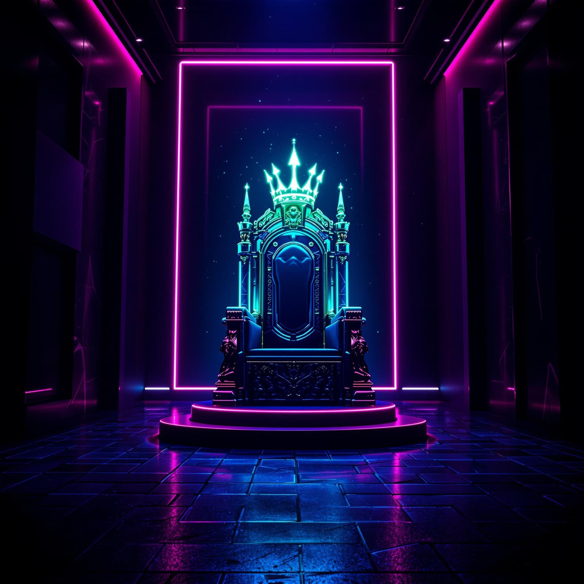 AI generated: futuristic abstract NEON KINGS throne in a dark neon lit abstract room
