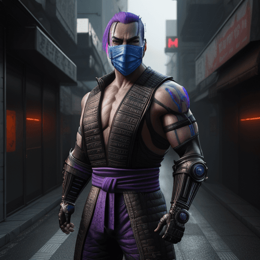 AI generated: Mortal Kombat guy, cyberpunk, outdoor, street, purple, hyperrealism, photorealistic, 8k, unreal engi...