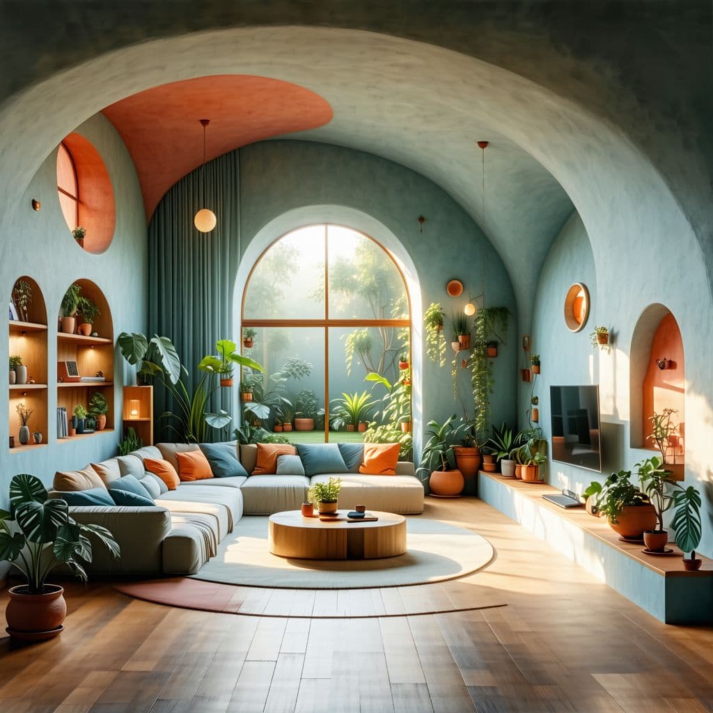 AI generated: High resolution photography interior design, dreamy sunken living room conversation pit, wooden floo...