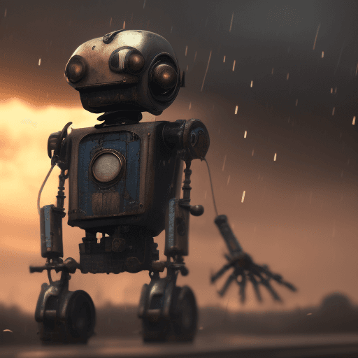 AI generated: Sadness photo of a broken steampunk robot, rain, dramatic light, pale sunrise, cinematic lighting, b...
