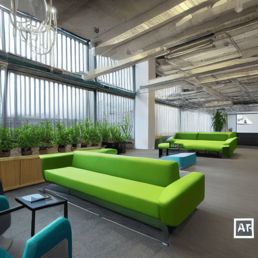 AI generated: hyper realistic photo of company office interior design, green house, comfortable atmosphere, blue s...