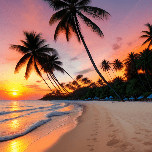 AI generated: palm trees , A serene tropical beach at sunset,