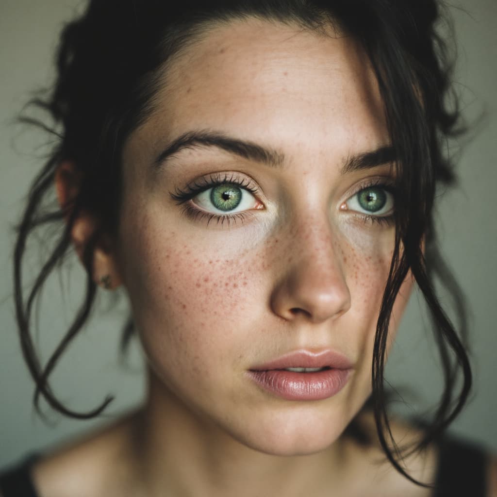 AI generated: Close-up portrait of a woman with green eyes, light freckles, and dark hair styled in loose tendrils...