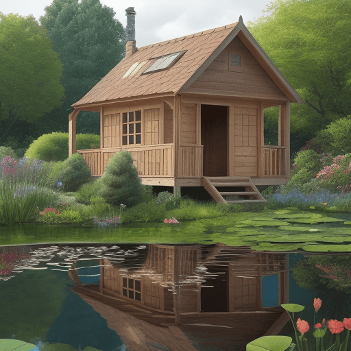 AI generated: a small wooden house, small pond, large garden