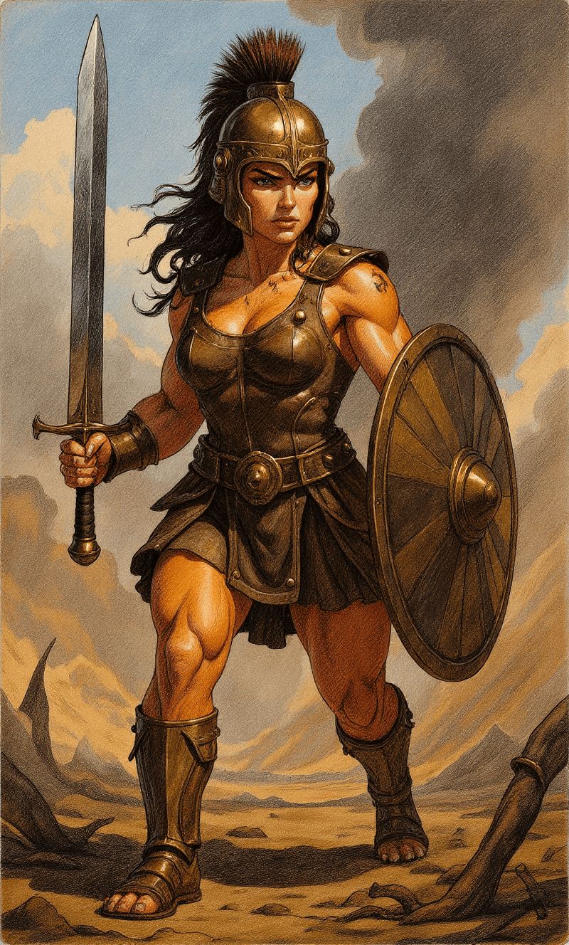 AI generated: Comic book realistic illustration, full body shot of a young gorgeous Spartan woman with thick aesth...
