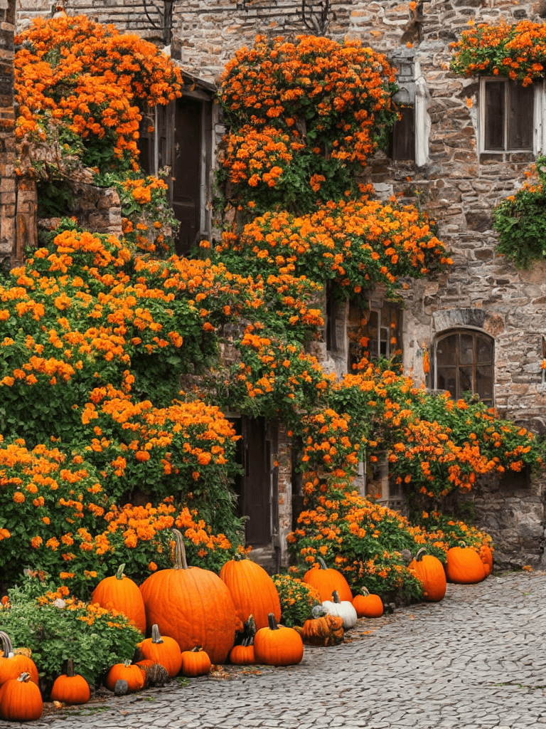 AI generated: pumpkins, autumn sunset in the old village, cobblestone houses, streets, plants, flowers, entrance, ...