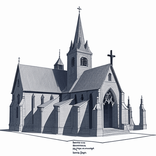 AI generated: detailed with notes, ink sketch of medieval church slick design clean lines blueprint perfect awesom...