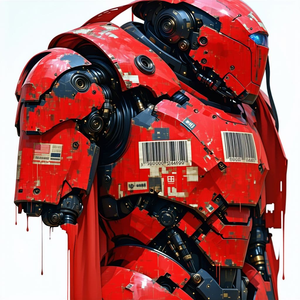 AI generated: Hyper realistic, mecha, dameged and aged red  and black armor, propaganda barcodes and symbols ,dyst...