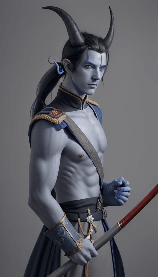 AI generated: male tiefling with dappled blue-grey skin. Tall and slim with a distinguished van dyke. His black po...