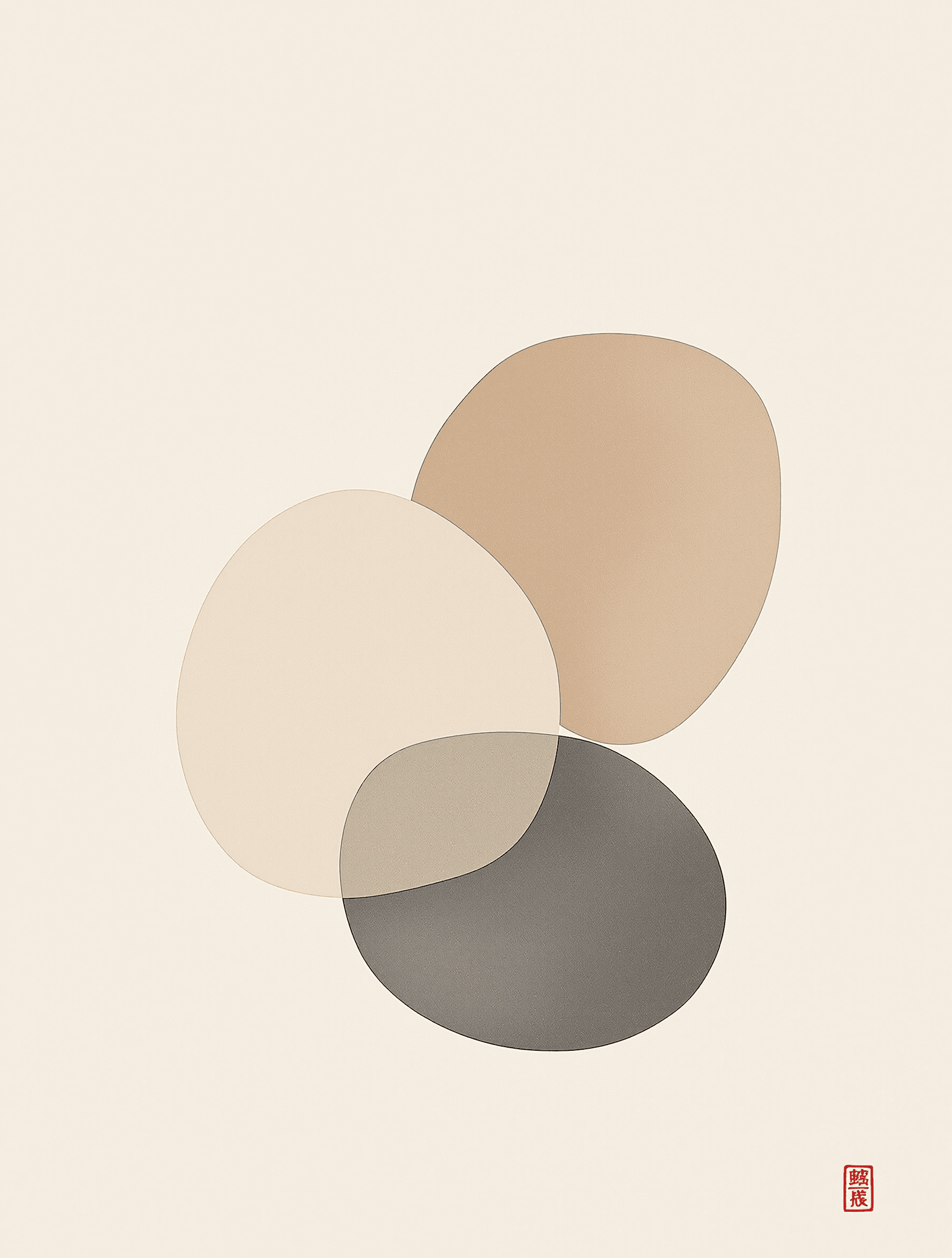 AI generated: A minimalist Japandi poster showing gently overlapping pebble-shaped forms in pastel colours, muted ...