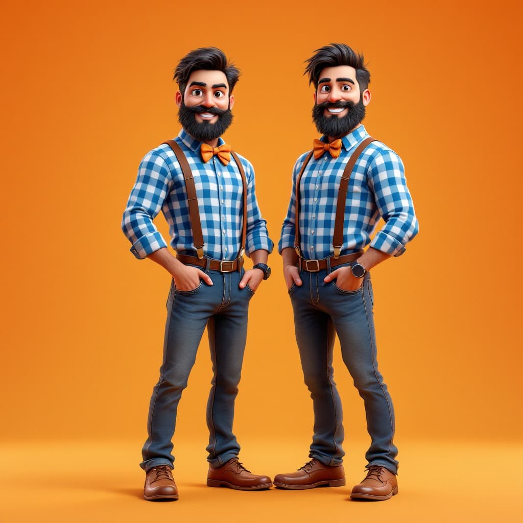 AI generated: Two Indian men as twin brothers, both with beards, wearing matching blue and white checkered shirts,...