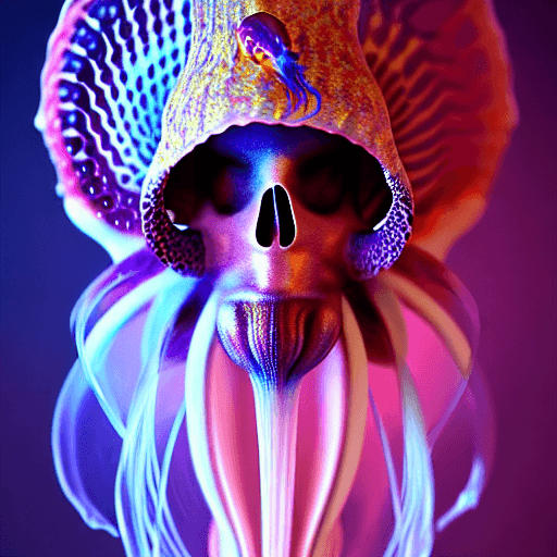 AI generated: Goddess close-up portrait ribcagel. jellyfish phoenix head, nautilus, orchid, skull, betta fish, bio...