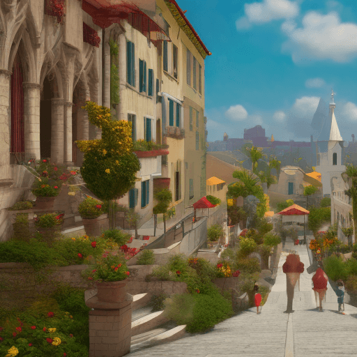 AI generated: a person is walking down a street with stairs and a church with a yellow roof, in the style of exoti...