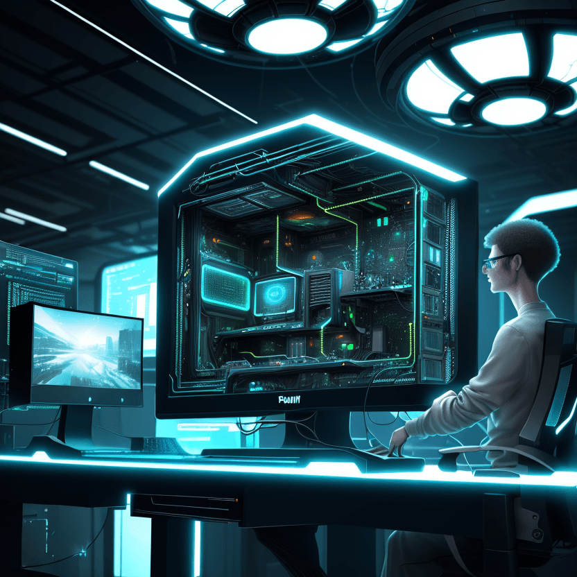 AI generated: Worried and determined computer scientist playing with path tracing in a futuristic detailed scene.