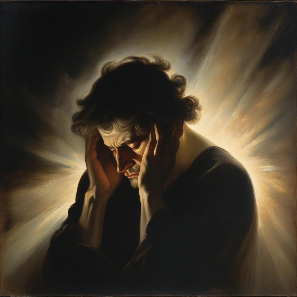 AI generated: Man in despair with his head in his hands, background darkness and a bright shining light, masterpie...
