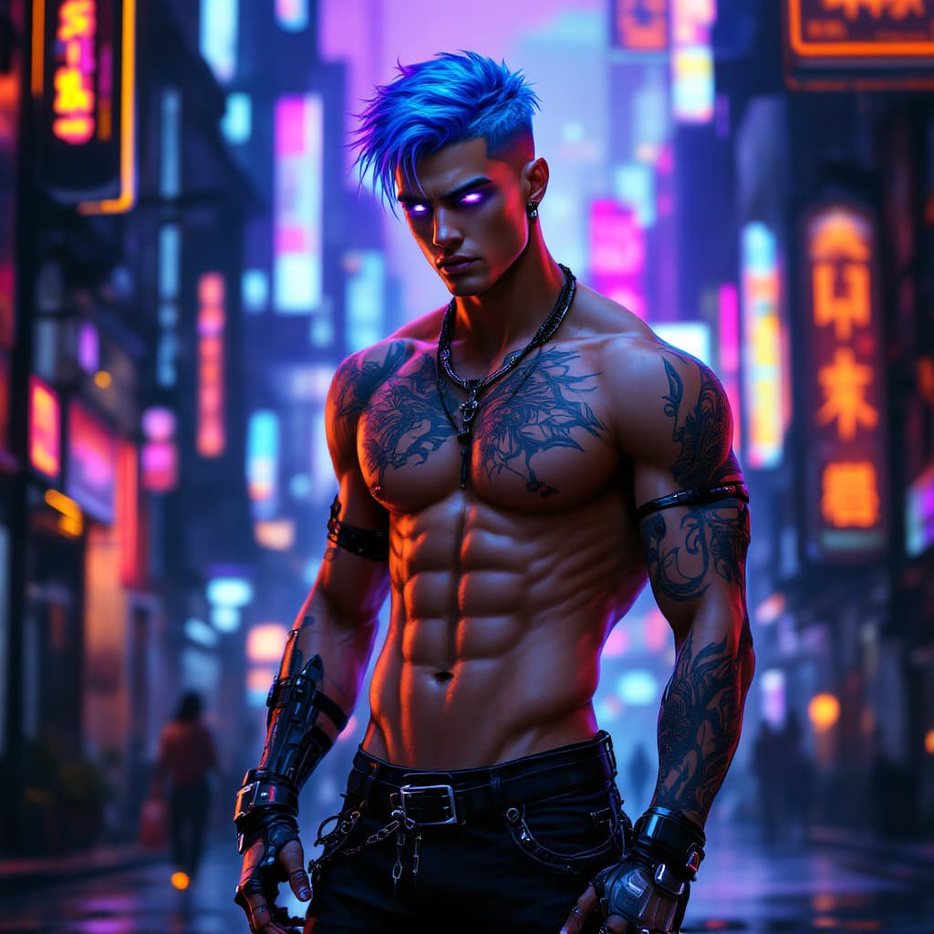 AI generated: A 24-year-old male in a neon-drenched cyberpunk cityscape. He stands 5'10" with a lean, athletic bui...