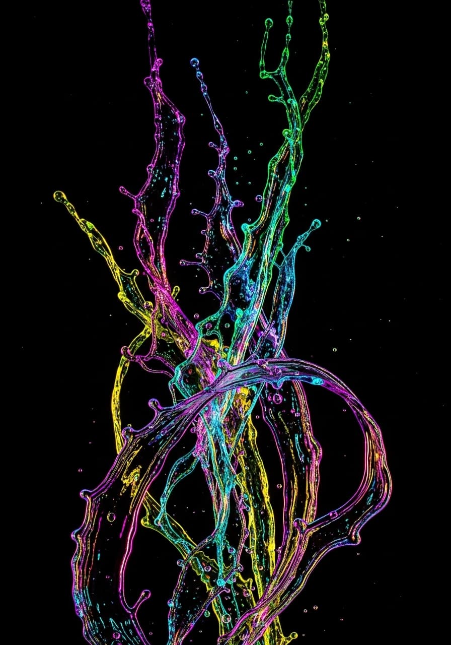 AI generated: fluid patterns, neon, liquids, splashes, black background, studio light, pattern, many details, wall...