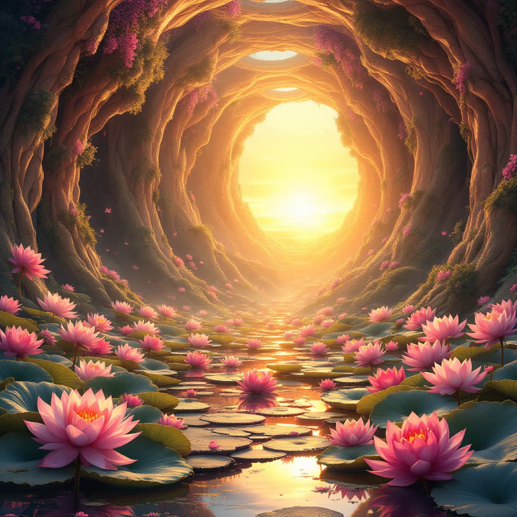 AI generated: fairy queen's court inside gigantic blooming lotus at sunrise --v 7 --ar 4:5 --style radiant fairy t...
