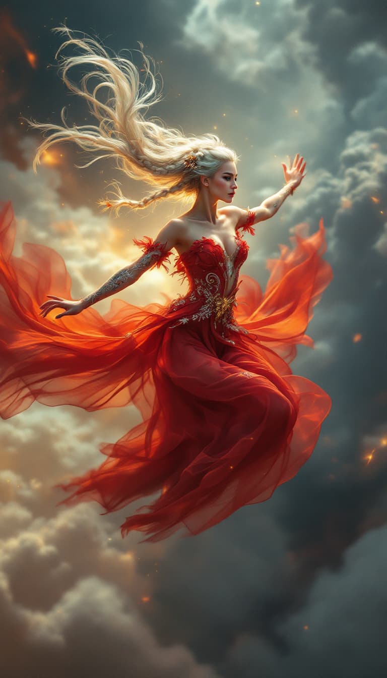 AI generated: An ultra-realistic, full-body action shot of a striking vermilion sky dancer, exuding grace and aeri...