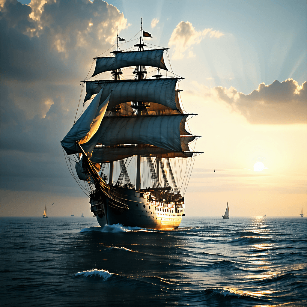 AI generated: Photo of a ultra realistic sailing ship, dramatic light, pale sunrise, cinematic lighting, battered,...