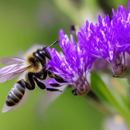 AI generated: A close-up of a purple bee pollinating a flower. The bee is covered in pollen, and its wings are bea...