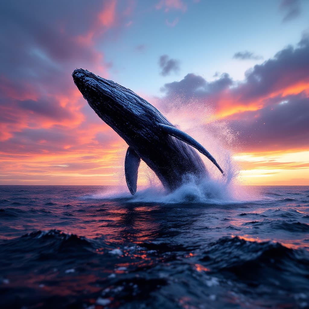 AI generated: A huge humpback whale breaches out of the water, the splash of water is spectacular and shocking, an...