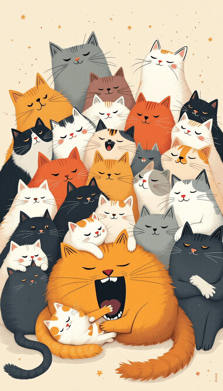 AI generated: A whimsical, vibrant illustration of multiple cats, varying in breed, size, and color, gathered toge...