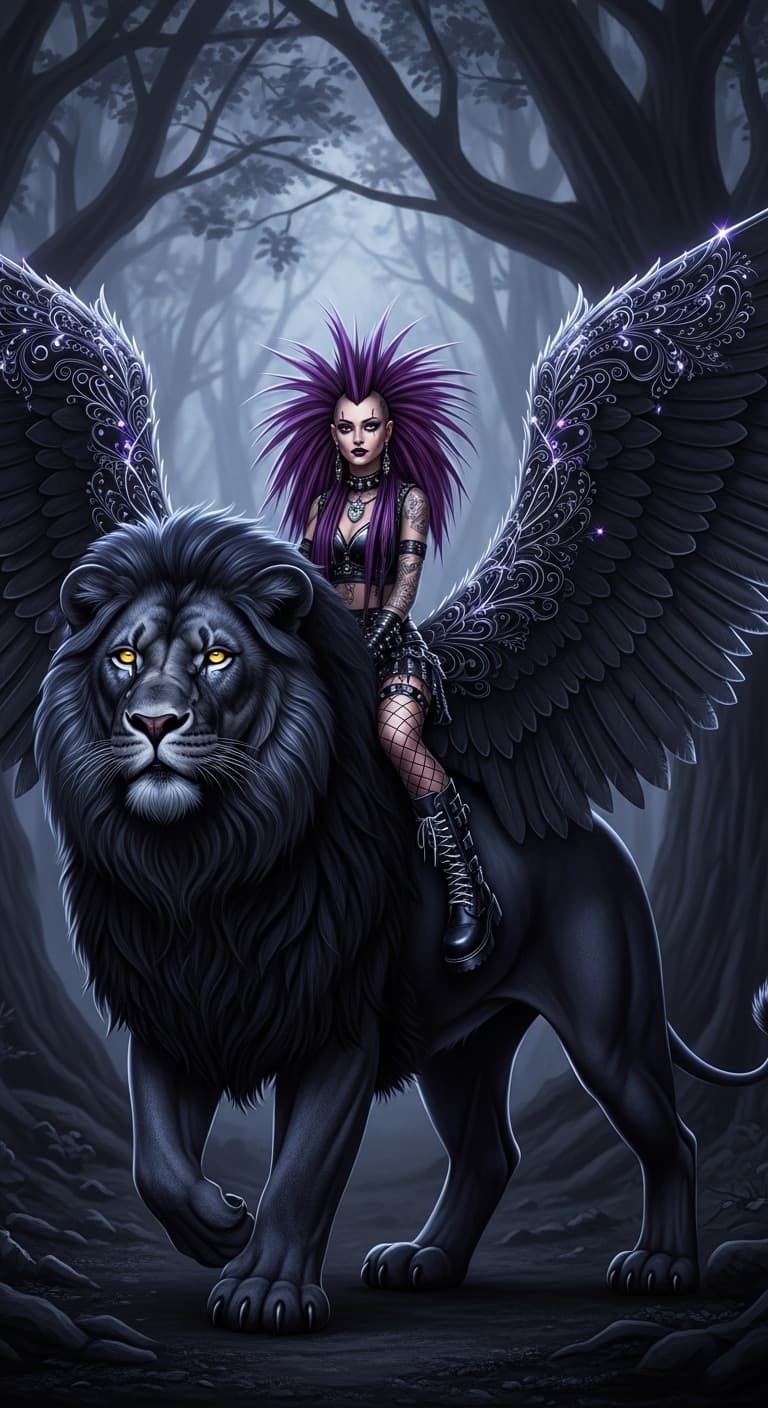AI generated: A full body shot of a strong, fierce black lion with slight blue tinge to its fur and large outstret...